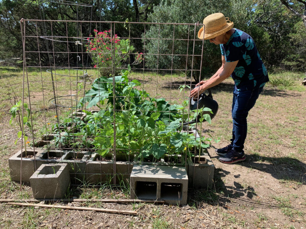 photo of Marilyn tending the square foot garden