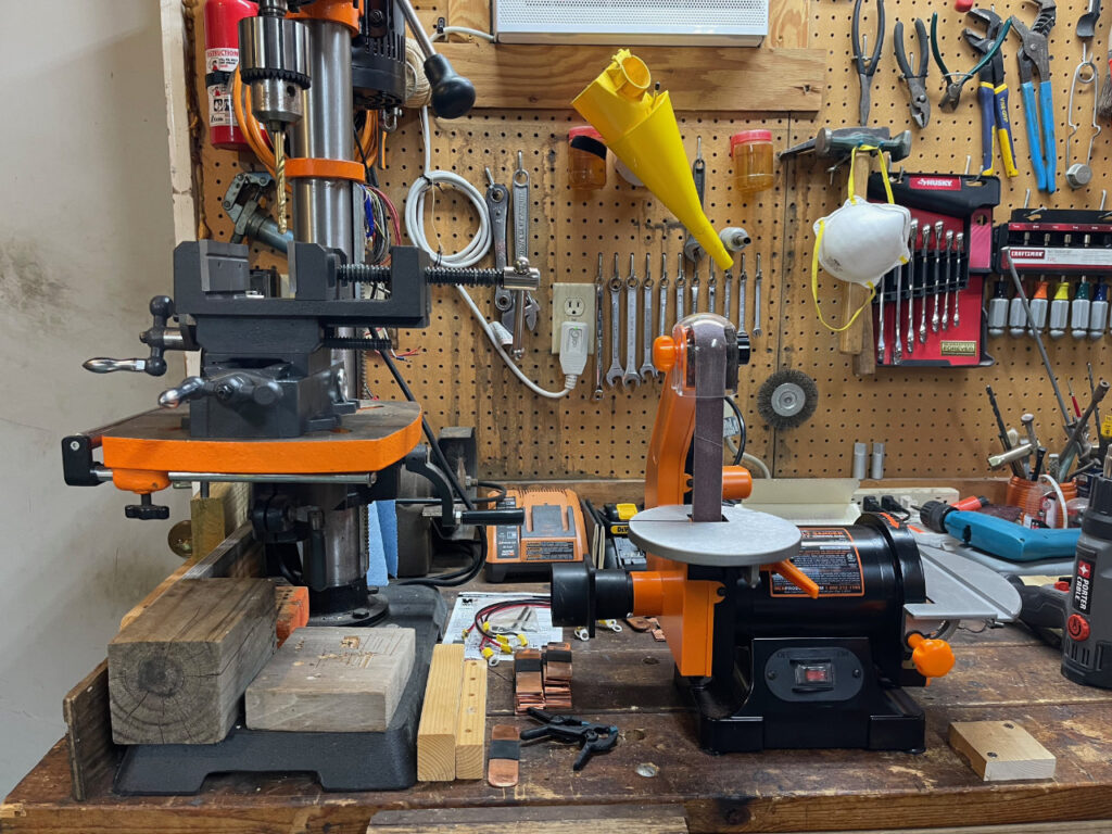 photo of Drill press with X-Y vise and belt sander
