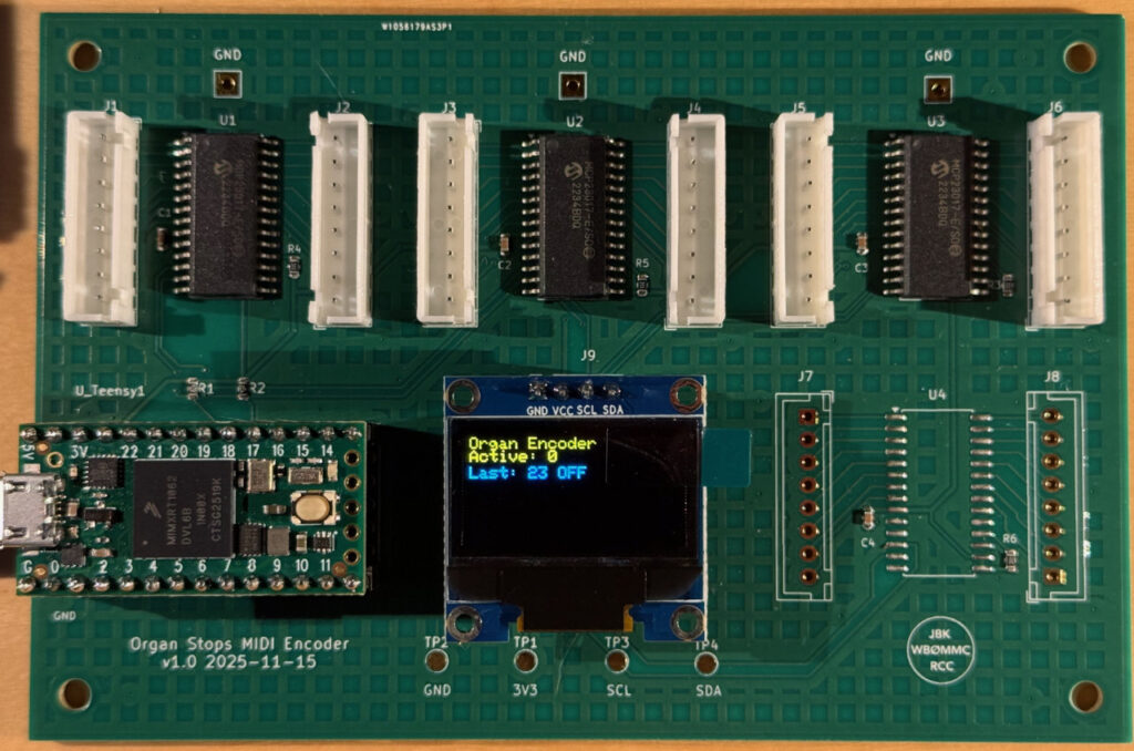 photo of the Virtual Pipe Organ stop tab MIDI encoder PCB