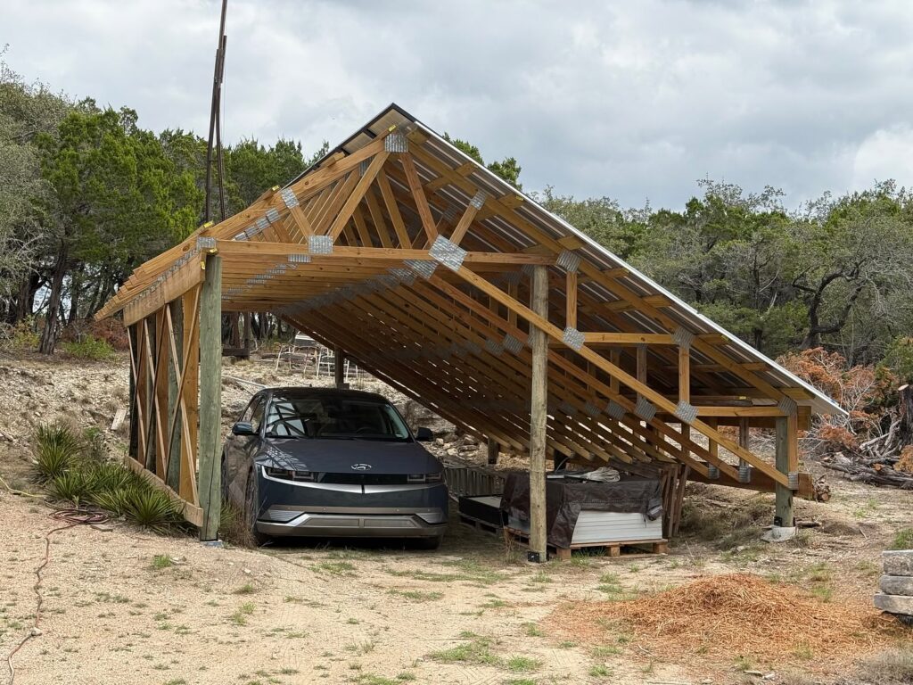 Solar garage with 24-panel solar array used for EV charging